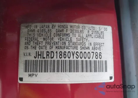 2000 Honda Cr-V Ex from USA, damaged, VIN JHLRD1860YS000786